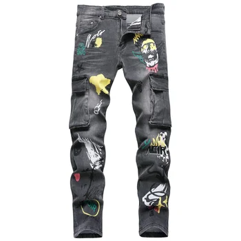 Мужские джинсы-карго с большим карманом с принтом, модные облегающие джинсовые брюки со средней талией для маленьких ножек, свободные прямые ковбойские брюки