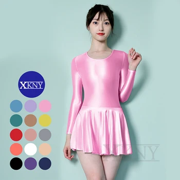 XCKNY Атласное шелковистое платье, сексуальная обтягивающая спортивная юбка для йоги, балетная юбка с круглым вырезом, платье-зонтик с длинным рукавом, глянцевая юбка, вечернее платье