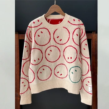 Женский свитер, осенне-зимний новый пуловер с круглым вырезом и длинными рукавами с принтом лица