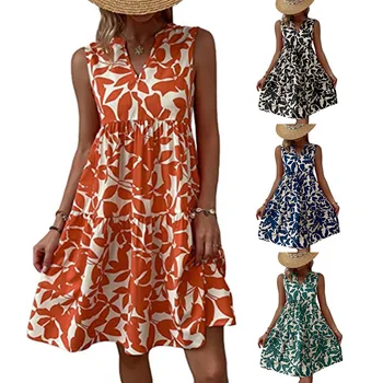 Летнее женское платье 2023 года без рукавов с принтом листьев, цветочное пляжное повседневное в стиле бохо, богемное мини-платье в стиле пэчворк с V-образным вырезом выше колена