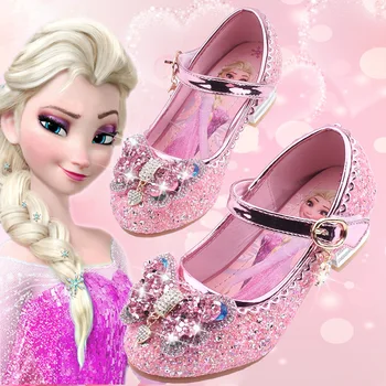 Замороженные Босоножки Эльзы; Обувь на высоком каблуке Для девочек; Танцевальная обувь Принцессы для Маленьких Девочек; Модная Обувь с кристаллами; Розово-голубые сандалии для девочек