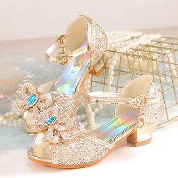 Летние босоножки для девочек на каблуке, модные блестящие туфли со стразами, детские танцевальные туфли принцессы с бабочкой и жемчугом, H876
