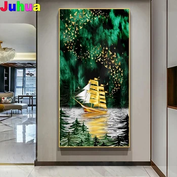 Зеленая Входная картина Золотая лодка 5D DIY Алмазная живопись, Полная Квадратная Круглая Алмазная вышивка, Художественная мозаика, Вышивка крестом