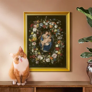 Художественный плакат с принтом Яна Брейгеля Старшего, венок с Богородицей с Младенцем и двумя ангелами, картина на холсте, Религиозная настенная картина, декор