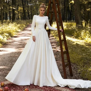 2024 Простых свадебных платья трапециевидной формы С длинным рукавом, свадебные платья, Элегантные для женщин, Свадебные платья на заказ, Vestidos De Novia