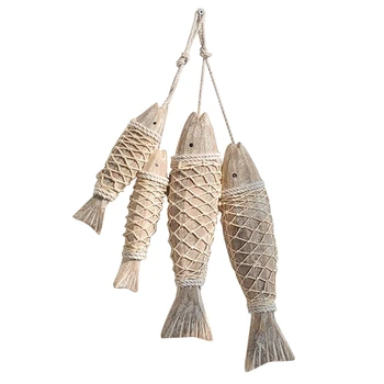 4 Упаковки Деревянной Рыбы Скульптура Декор Орнамент Пляжная Тема Настенное Искусство Подвесной Декор С Рыболовной Сетью