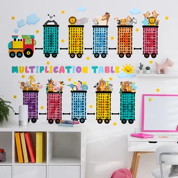 Наклейки на стену с изображением маленького поезда, животных и таблицы умножения для украшения гостиной и детской комнаты - самоклеящиеся