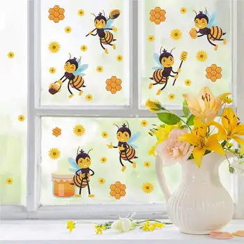 Наклейка на стену с изображением медоносной пчелы, Мультяшная желтая наклейка с пчелой, цветочные самоклеящиеся наклейки, Обои для окна для детей, Спальня, ванная комната