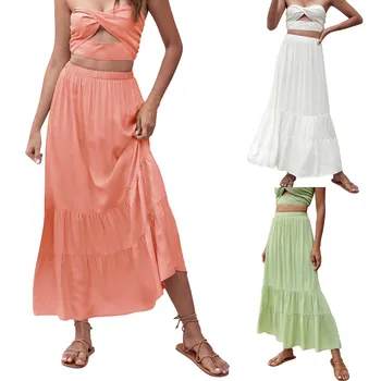 Женская летняя пляжная юбка в стиле бохо с эластичной резинкой на талии, плиссированная трапециевидная струящаяся юбка-качели, многоуровневая длинная пляжная юбка, джинсовая юбка для девочек
