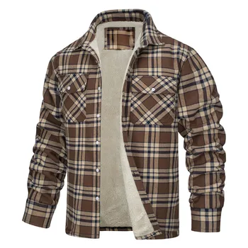 2023 новая мужская флисовая куртка с длинным рукавом и лацканами, клетчатая плюшевая подкладка, однобортное свободное пальто