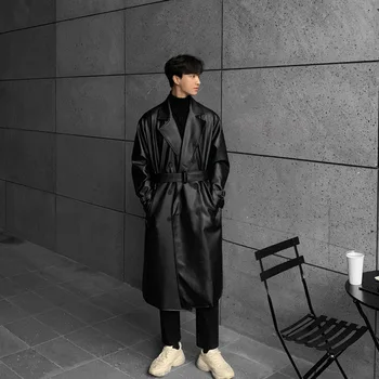 Кожаное пальто мужское 2023, осень/ зима, Корейское издание средней длины, свободное и модное