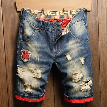 Модные летние мужские джинсы со средней талией, моющиеся хлопчатобумажные джинсовые шорты с перфорацией Beggar, прямые, длиной до колен