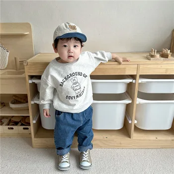 2023, Осенний Корейский комплект одежды из 2 предметов для маленьких мальчиков, Хлопковые Свободные пуловеры с буквенным принтом, Джинсовый костюм для маленьких мальчиков