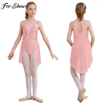 Детский лирический танец для девочек, фигурное катание, балет, гимнастическое платье-трико без рукавов, блестящая прозрачная сетка с пайетками, танцевальная одежда для выступлений