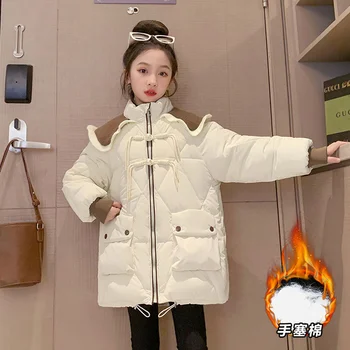 Пуховик для девочек, хлопковая ветрозащитная верхняя одежда 2023 года цвета хаки, теплая утепленная бархатная зимняя лыжная одежда, детская одежда
