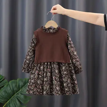 Новый весенне-осенний комплект из двух предметов для девочек, модная детская одежда с длинными рукавами и цветочным рисунком, милое детское платье