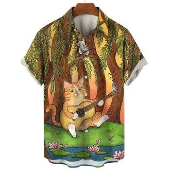 Забавное Животное Кошка Гитара Рубашки С 3D Принтом Для Мужчин Одежда Модные Мультяшные Музыкальные Блузки Harajuku Модная Блузка С Отворотом Y2k Топы