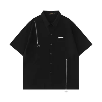 Рубашка с короткими рукавами, украшенная застежкой-молнией в стиле American Street Design, Летний модный бренд, Свободная пара в стиле хип-хоп, куртка