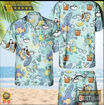 Гавайская рубашка с гавайским узором Pokemon Squirtle, мужская и женская повседневная модная рубашка на пуговицах, короткий комплект