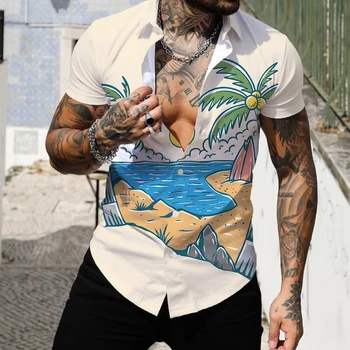 Летняя новая 3D рубашка, мужская пляжная рубашка оверсайз с коротким рукавом, гавайский топ с принтом кокосовой пальмы, мужская одежда, Гавайская рубашка