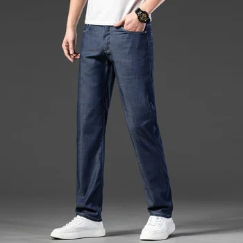 Летние мужские классические синие тонкие прямые джинсы, деловые повседневные стрейчевые джинсовые брюки, мужские брендовые свободные брюки