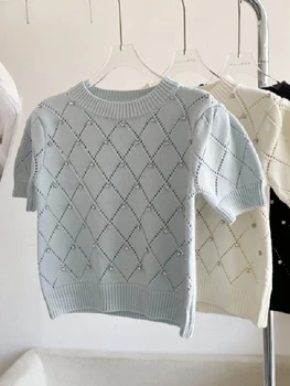 Лето 2023, Элегантная винтажная блузка, женский трикотаж с круглым вырезом и коротким рукавом, вязаный свитер, пуловер, Стильные топы, Корейский модный шик