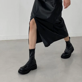Осенние женские модные ботинки 2022 года на среднем каблуке из искусственной кожи, носок на платформе, туфли средней длины, ботильоны из телячьей кожи, платформа Chelsea Bota Feminina