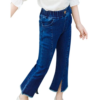 Модные детские расклешенные джинсы для девочек, весенне-осенние длинные брюки с эластичным поясом, детские джинсовые брюки-клеш для девочек