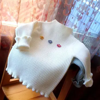 Свитер для девочек, Вязаный свитер, пуловер с высоким воротом для девочек, осень-зима, теплая нижняя рубашка с длинными рукавами для маленьких детей, топ E947