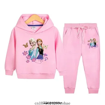 Детская спортивная одежда Disney, комплекты одежды Frozen Elsa, модные спортивные костюмы для маленьких девочек, свитер с капюшоном + брюки, Одежда из 2 предметов, комплекты