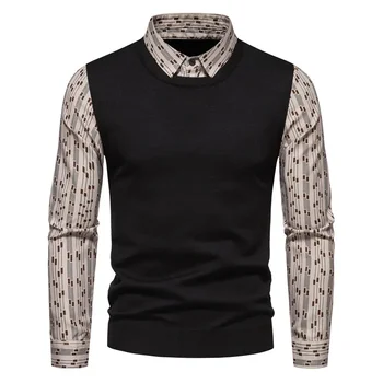Осень /Зима 2023, новый трикотаж, мужской приталенный свитер с воротником рубашки из искусственных двух частей, трикотаж сращивания