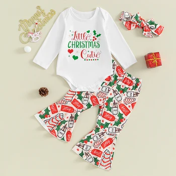 Рождественский наряд для маленькой девочки, расклешенные штаны из 2 предметов, осенне-зимняя одежда, комбинезон с надписью, Футболка, расклешенные брюки с повязкой на голову
