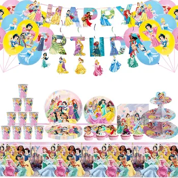 Аксессуары для вечеринки в честь Дня Рождения принцессы Диснея, Тематический Набор посуды для Счастливых Девочек, Чашки, Тарелки, Воздушные шары, Декор для вечеринки, Детский Душ