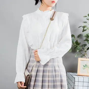 Белые рубашки в корейском стиле с воротником-стойкой для женщин, Милая Хлопковая базовая блузка с расклешенными рукавами и оборками