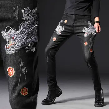 Осенние рваные джинсы с заплатками, мужские эластичные 3D с вышивкой двойного дракона, высококачественные дизайнерские джинсовые брюки с принтом, повседневные брюки