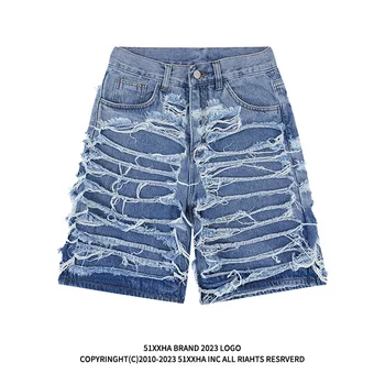 Хип-хоп Уличный нищий с разбитой дырой, свободные капри с кисточкой, мужские летние Свободные джинсовые шорты