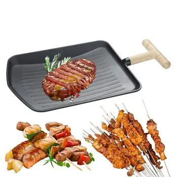 Лопатка для сковородки-гриль, прямоугольная решетка для барбекю с деревянной ручкой, сковорода-гриль из медицинского камня для приготовления стейков на завтрак, плиты