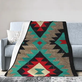Одеяло с рисунком навахо, Бирюзовое, Красное, Серое, Черное, Из Ультрамягкого Микроволокна