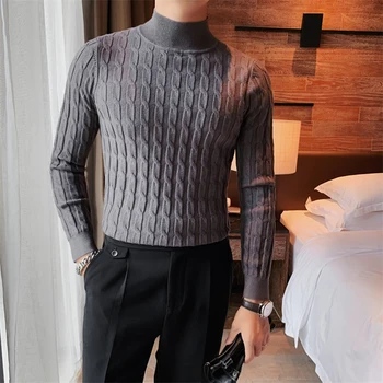 Уличная одежда, Однотонные трикотажные Пуловеры с коротким воротником, мужская мода 2023, Тонкие вечерние рубашки с длинным рукавом, Мужской свитер с длинным рукавом