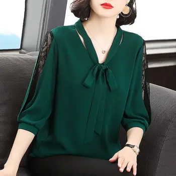 Весенняя элегантная кружевная блузка с V-образным вырезом и коротким рукавом, женская одежда, офисные женские рубашки в стиле пэчворк, женская модная футболка со шнуровкой