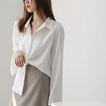 Женская шифоновая рубашка с расклешенными рукавами, Корейская мода, повседневные Свободные топы с длинными рукавами, универсальная элегантная женская блузка Y2K, Новинка