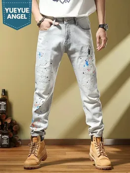 Модные мужские весенние Облегающие эластичные джинсовые брюки с принтом, поцарапанные, выстиранные Джинсы, Повседневная уличная одежда, Длинные брюки, мужские брюки-карго