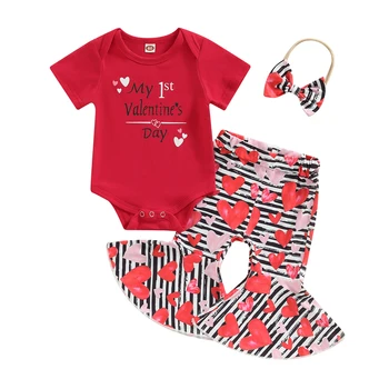 Одежда Для новорожденных девочек, наряд на День Святого Валентина, красный комбинезон с коротким рукавом и принтом стрелы + расклешенные брюки с принтом сердца + Комплекты повязок на голову