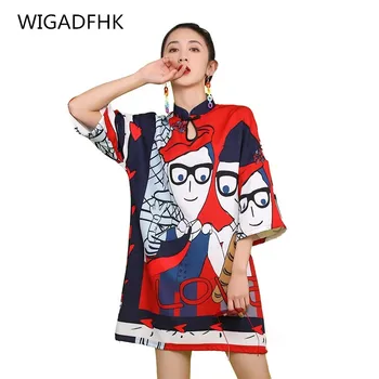 Самое дешевое платье с мультяшным принтом в Китае, женское модное мини-платье Cheongsam с рукавом три четверти, пряжкой и воротником-стойкой, Kawaii