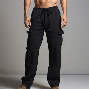 Мужские тонкие брюки Удобные мужские брюки с эластичной резинкой на талии и накладными карманами, мягкие дышащие стильные брюки для комфорта в течение всего дня