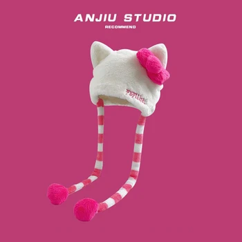 Аниме Sanrio Плюшевая Шапка Hello Kitty Cattoon Cute Kawaii Зимняя Студенческая Уличная Удобная Ветрозащитная Утепленная Шапка Для Девочек Подарки