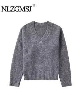 Nlzgmsj TRAF 2023 Осенний Новый женский свитер, свободные и удобные топы, пуловер с V-образным вырезом и длинными рукавами, однотонное пальто