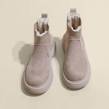 Хлопчатобумажная обувь для женщин, зимние плюшевые зимние ботинки на толстой подошве, нескользящие хлебные полусапожки Botas de mujer, износостойкая резина