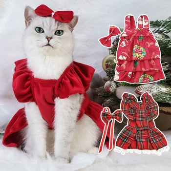 Рождественская юбка для домашних животных красного цвета, платье принцессы для милой кошки, приятная для кожи плюшевая юбка с чернобуркой, галстук-бабочка для собаки, головной убор в цветочек