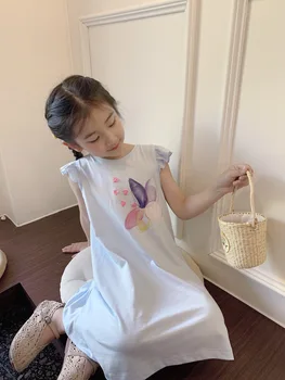 Детское платье 2023, новые летние платья-футболки с милым принтом бабочки и коротким рукавом для девочек, детская хлопчатобумажная одежда